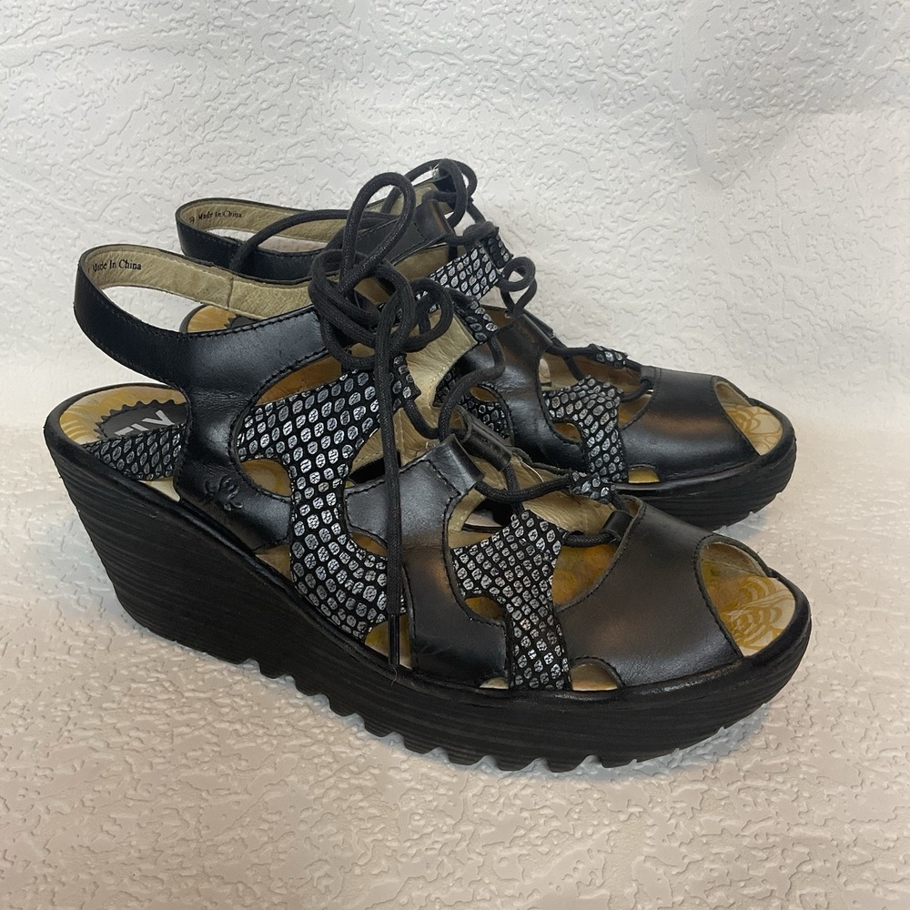 Flyโ London Women's Size 8 Black Silver Leather Lace Up Wedge Sandals EU Size 39